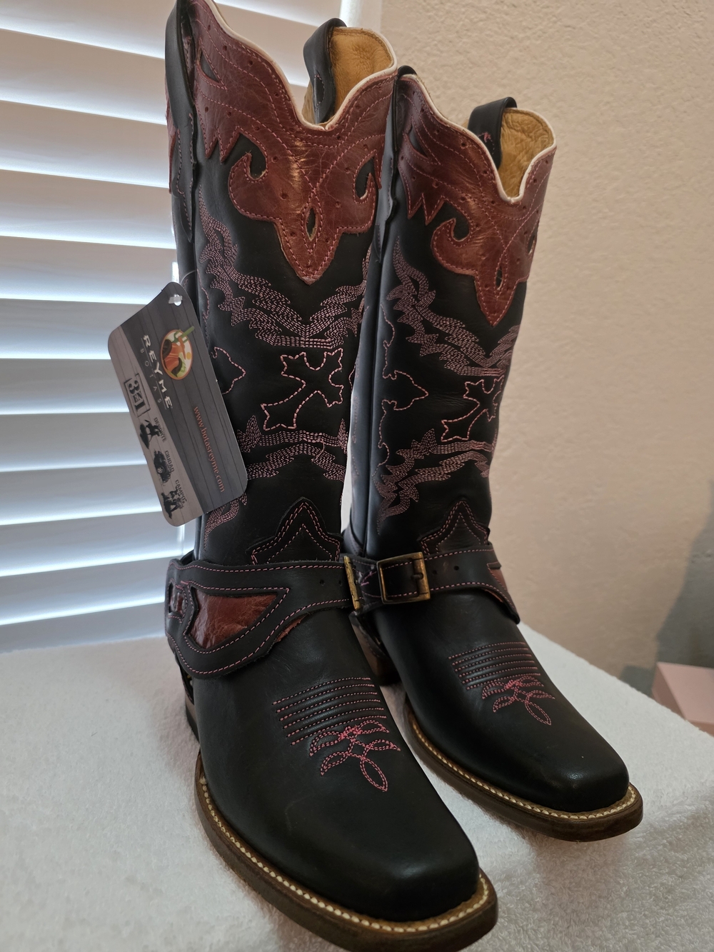 Reyme Women's Black and Brown Western Harness Boots with Pink Stitching